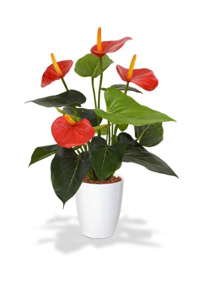 Pianta artificiale di Anthurium 40cm - rosso in vaso da 10cm