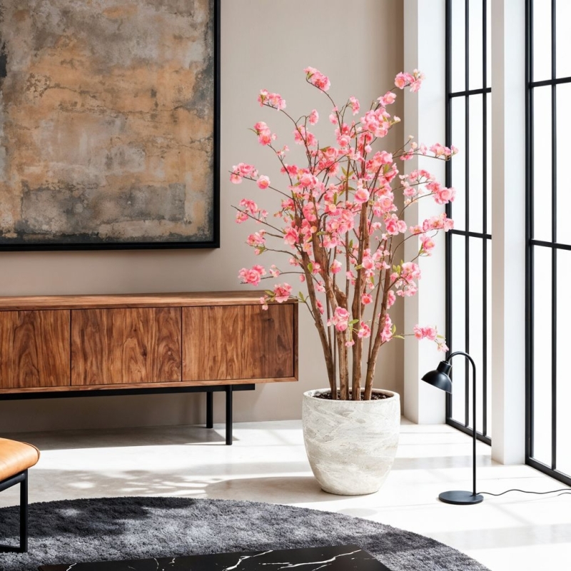 Pianta artificiale Fiore di ciliegio Deluxe 120cm rosa in vaso