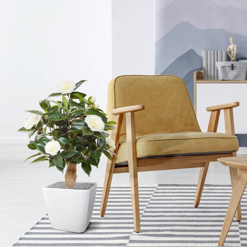 Pianta artificiale di camelia su base 60 cm - crema