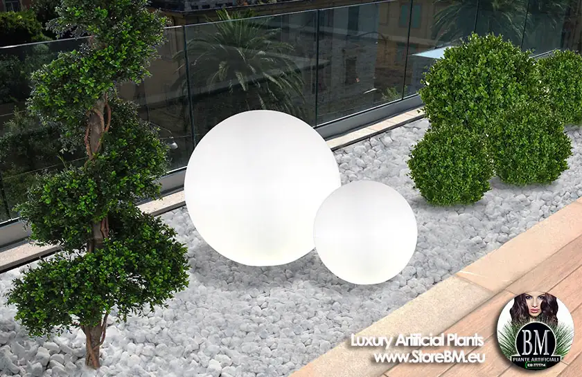 Rendering di un allestimento con piante artificiali